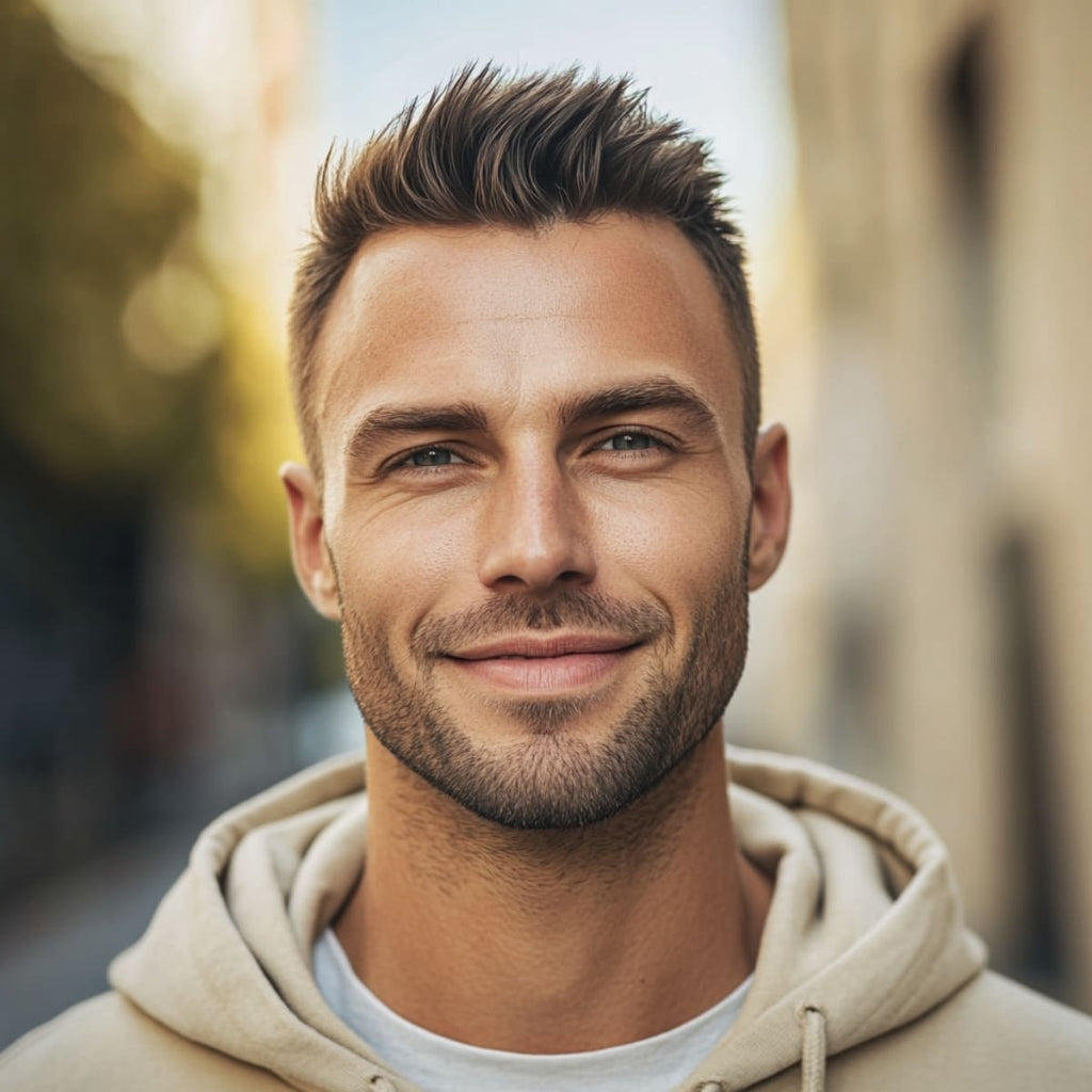 A man with a short quiff for receding hairline smiles confidently, showing off a fresh and stylish haircut. His hair is slightly lifted at the front, adding height and texture, with shorter sides that create a balanced, modern look. This men's receding hairline haircut combines a casual, youthful vibe with a touch of sophistication, enhanced by his light stubble and the warm outdoor background.