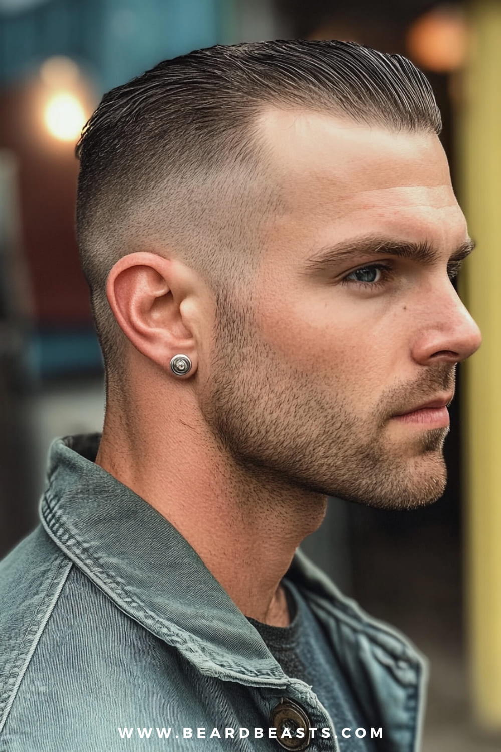 A close-up image of a man with a sharp, Short Slick Back hairstyle. The haircut features closely shaved sides and back, with the hair on top slicked back smoothly, creating a sleek and polished appearance. The man's facial hair is neatly trimmed, adding a subtle ruggedness to the overall refined look. He is wearing a denim jacket with a turned-up collar, which complements the modern, stylish vibe of his haircut. A small, silver earring adds a touch of individuality, while the softly blurred background highlights the crisp details of the slick back hairstyle, focusing attention on the clean lines and precise grooming.