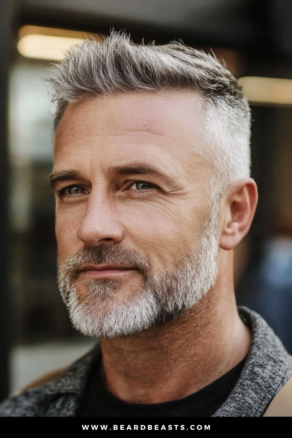 A distinguished older man with a neatly groomed beard, sporting a Short and Textured hairstyle, a trendy choice among short hairstyles for older men. His hair is cut short on the sides, with the top slightly longer and textured to create volume and movement, adding a youthful, dynamic edge to his look. The natural gray tones in his hair highlight the texture, giving him a modern yet age-appropriate appearance. This image captures the essence of a stylish, low-maintenance haircut that’s perfect for men