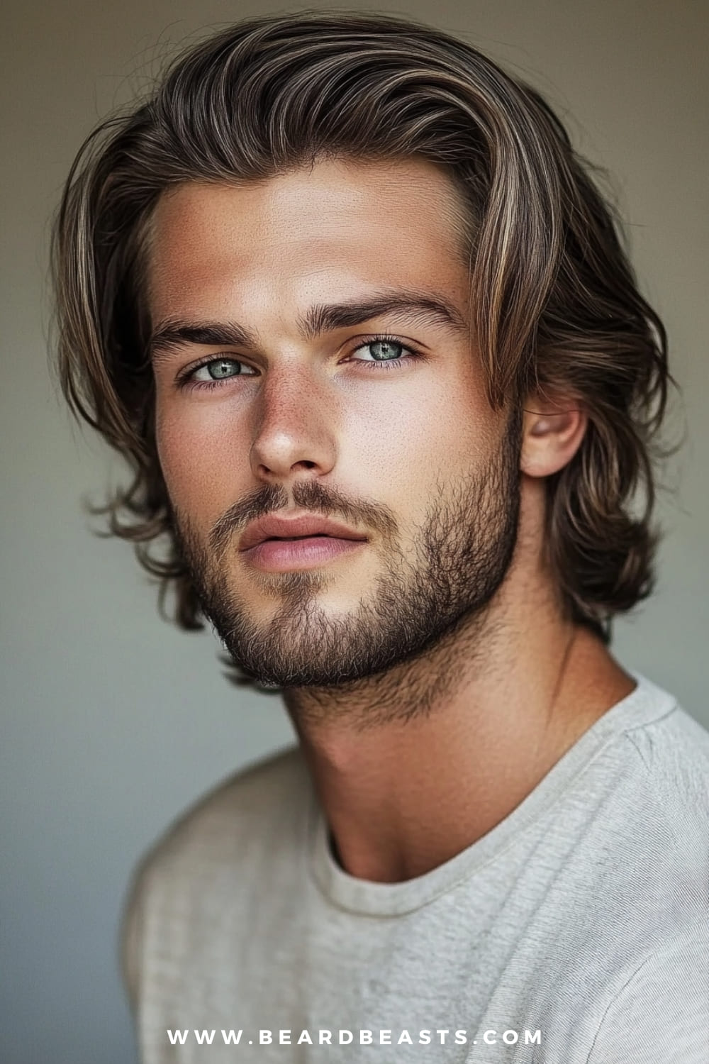 A man with a stylish shoulder-length cut is featured in this image, showcasing soft, flowing hair that gently falls just past the ears. The natural texture and subtle waves add volume and movement, making it a perfect style for men with thin hair. His hair is parted casually to one side, giving a relaxed yet refined appearance. The neatly groomed beard complements the hairstyle, enhancing the overall look. This versatile long hairstyle exudes confidence and works well for both casual and formal occasions, offering a timeless, masculine appeal.