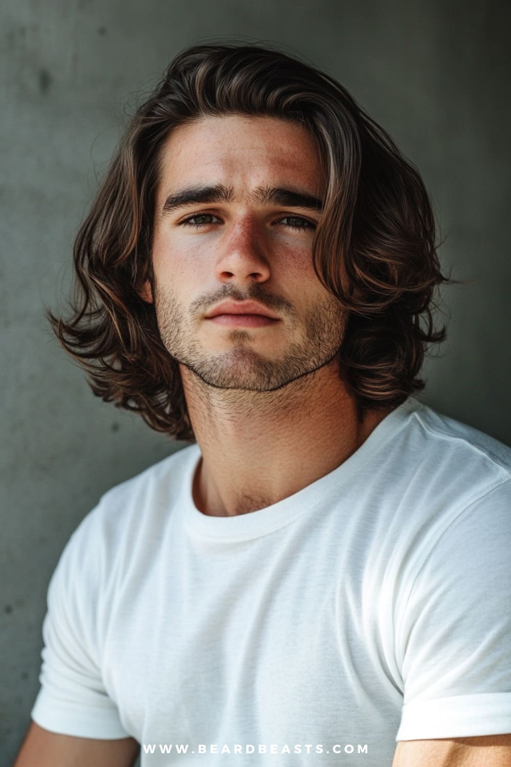 Man with shoulder-length, soft wavy hair and a light stubble, dressed casually in a white t-shirt. The relaxed waves offer a natural, effortless look, making this a great example of men's hairstyles for long hair, perfect for those seeking a low-maintenance yet stylish appearance.