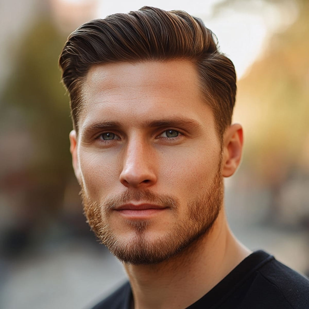 A close-up portrait of a handsome 30-year-old man with a diamond face shape and a classic side part hairstyle. His hair is neatly styled with a well-defined side part that draws attention to his forehead, subtly softening his prominent cheekbones and adding balance to his facial structure. The sides are trimmed and slicked back, giving him a polished, clean look that complements his angular jawline. Set against a softly blurred outdoor background, the image highlights his structured hairstyle and strong facial features.