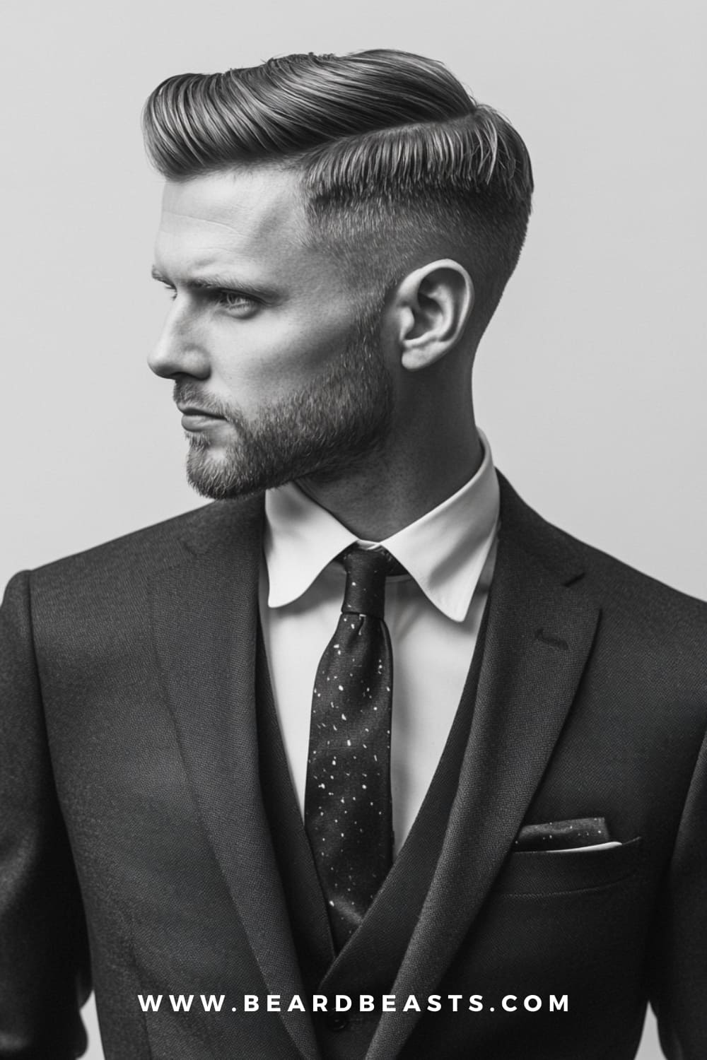 Man with a refined side part hairstyle, paired with a well-groomed beard and dressed in a suit. The side part is a timeless and sophisticated option that offers a polished look with minimal styling effort.