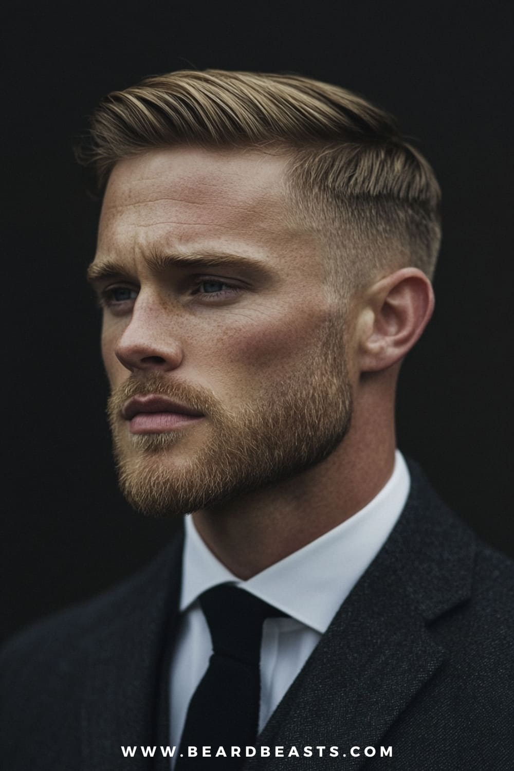 A man with strong, chiseled features is showcasing a Side Part hairstyle, a classic and timeless choice among medium length hairstyles for men. His hair is neatly parted to the side, with the longer top section combed over for a clean and polished look, while the sides are faded to create a sharp, defined contrast. This style perfectly complements his well-groomed beard, adding to his overall refined and professional appearance. Dressed in a dark suit with a white shirt and black tie, he exudes confidence and sophistication, making this hairstyle ideal for formal settings or anyone seeking a distinguished look.