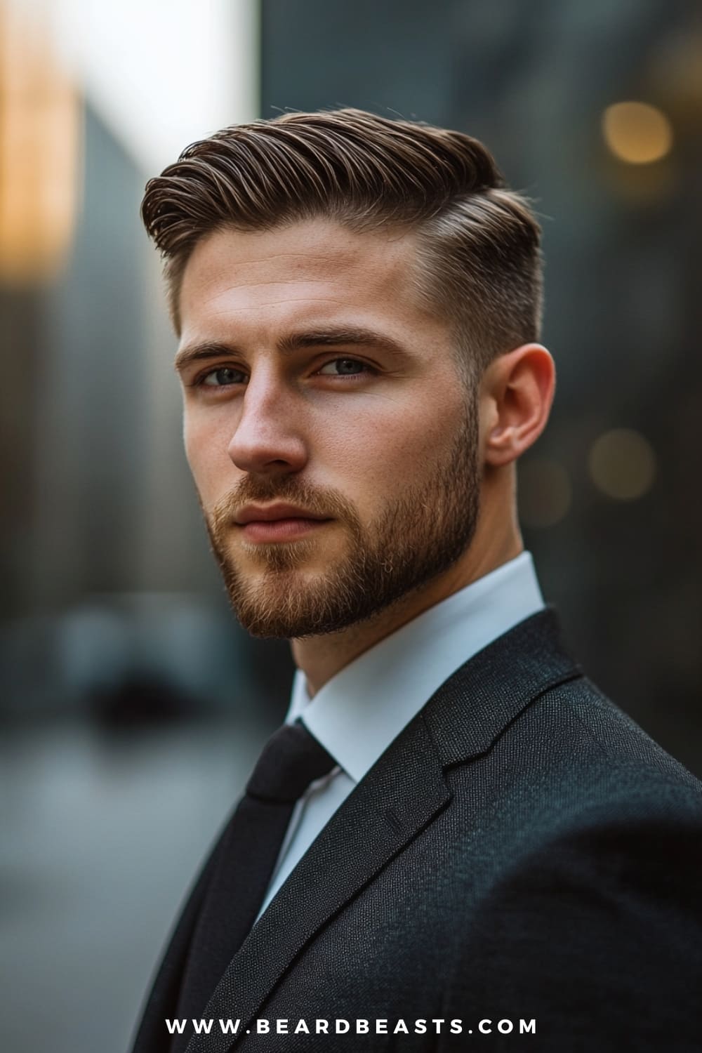 A man with a sharp side part hairstyle is pictured in this image, showcasing a clean, structured look. His hair is neatly parted to the side, with medium-length strands on top that are styled smoothly, while the sides are trimmed shorter for contrast. This medium-length hairstyle for men with thin hair is perfect for adding volume and definition, making the hair appear fuller. Paired with a well-groomed beard and a tailored suit, this classic yet modern style is ideal for both professional and formal settings, exuding confidence and refinement.