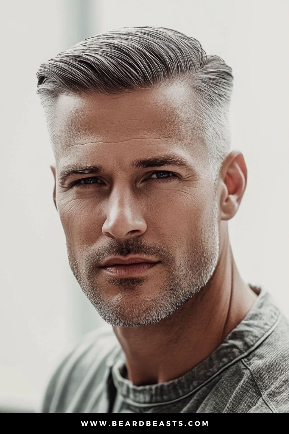 A stylish older man with a neatly groomed beard, showcasing a Side Part with Short Sides, a sophisticated choice among short hairstyles for older men. His hair is elegantly parted to one side, with the top left longer and smoothly combed, while the sides are cut short for a clean, polished look. The light background emphasizes the contrast and precision of the hairstyle, highlighting its refined and timeless appeal. This image perfectly captures the essence of a classic, versatile haircut that suits men seeking a dapper, well-groomed appearance in their mature years.