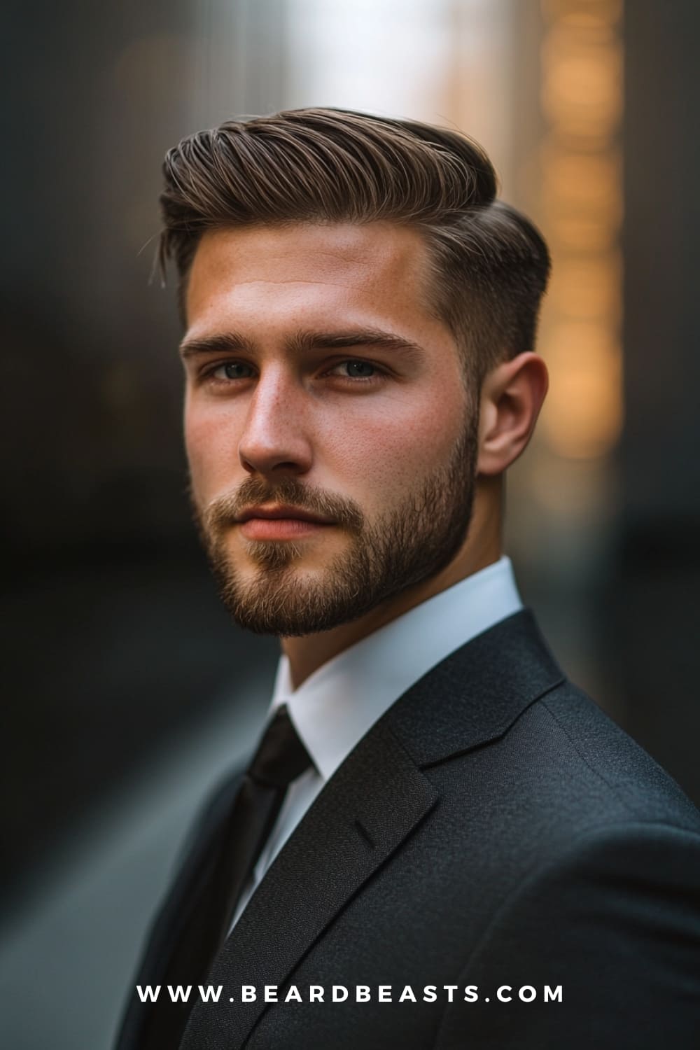 Side Part Hairstyle - A sophisticated Medium-Length Professional Men’s Hairstyle with a clean, defined side part and smooth volume, perfect for a sharp, business-professional look in 2024.