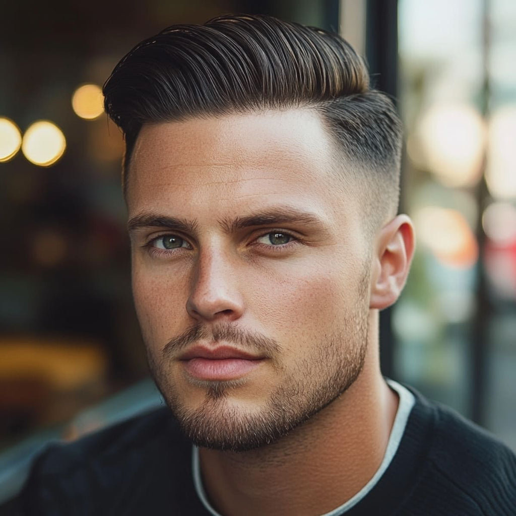 A portrait of a man with a neatly styled side part skin fade hairstyle, giving him a polished yet modern look. His hair is parted cleanly to the side with the top slicked back smoothly, while the sides gradually fade down to the skin, creating a sharp contrast. His light stubble complements the clean lines of the fade, adding a touch of ruggedness to his appearance.