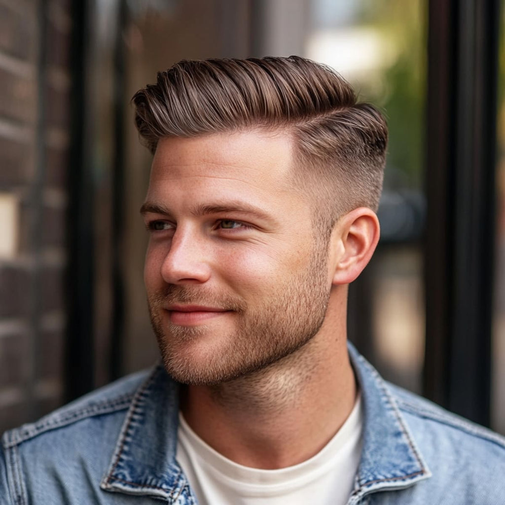 A man with a side part with fade for receding hairline smiles while looking off to the side, highlighting a stylish and refined hairstyle. The cut features a neatly parted top with a soft fade on the sides, providing structure and drawing attention away from the hairline. This men’s receding hairline haircut creates a clean, balanced look that pairs well with his light stubble and casual denim jacket, set against a modern, outdoor background.