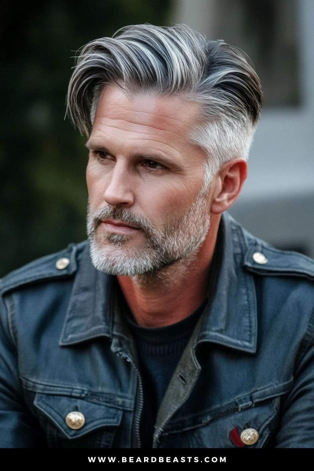 A mature man with a well-groomed beard, wearing his hair in a side-swept style that adds volume and texture to his look. His hair is styled with a slight wave, creating a dynamic and contemporary appearance that complements his strong facial features. The contrast between the longer top and shorter sides enhances the overall sophistication of his look. This image captures a confident and stylish approach to a classic hairstyle, perfect for those who appreciate a refined yet modern aesthetic.