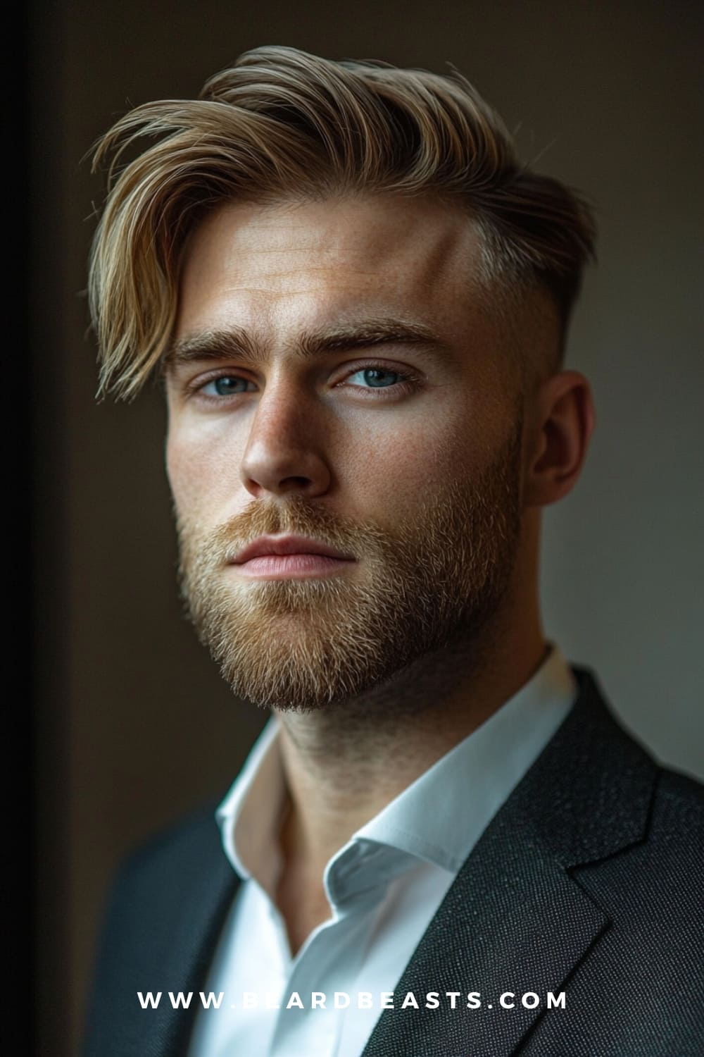 A man showcasing a stylish side-swept haircut, one of the top gentlemen hairstyles for men in 2024. The look features voluminous, textured hair brushed to the side, paired with a well-groomed beard for a modern and sophisticated appearance.