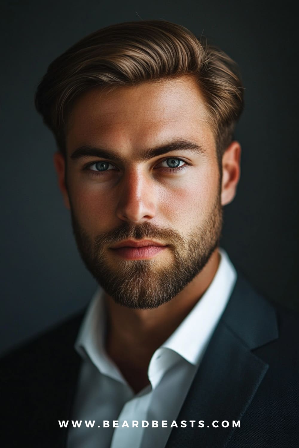 Side Swept with Low Fade Hairstyle - A refined gentleman's haircut featuring a sleek side-swept style with a subtle low fade, paired with a neatly groomed beard. Perfect for a polished, modern look. Keywords: side swept with low fade, gentlemen hairstyles, men's grooming.