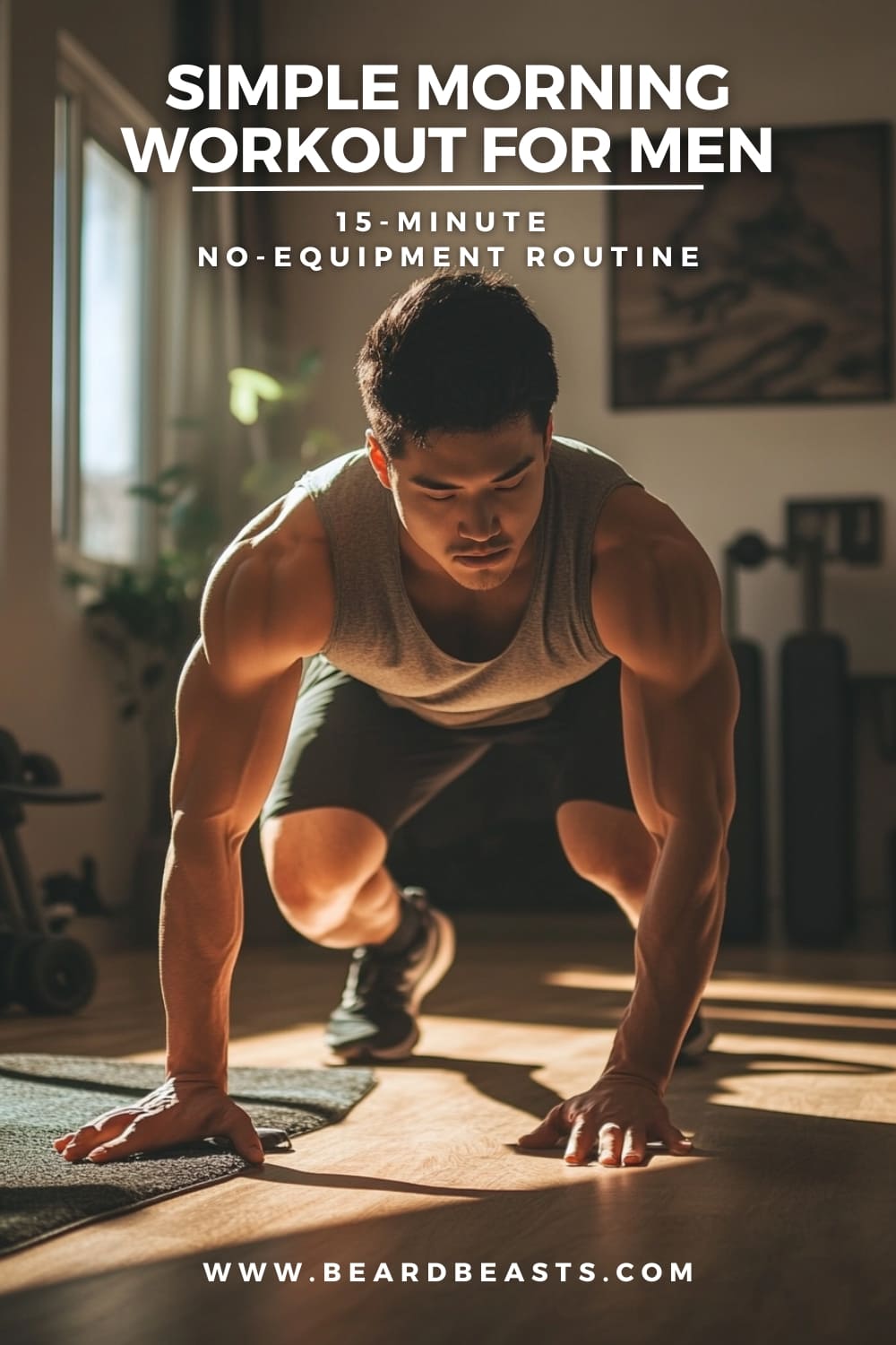 A fit man in a gray tank top performing a bodyweight exercise in a well-lit home gym. The image promotes a simple morning workout for men with a focus on a 15-minute, no-equipment routine, showcasing strength and dedication. The workout is featured on beardbeasts.com.