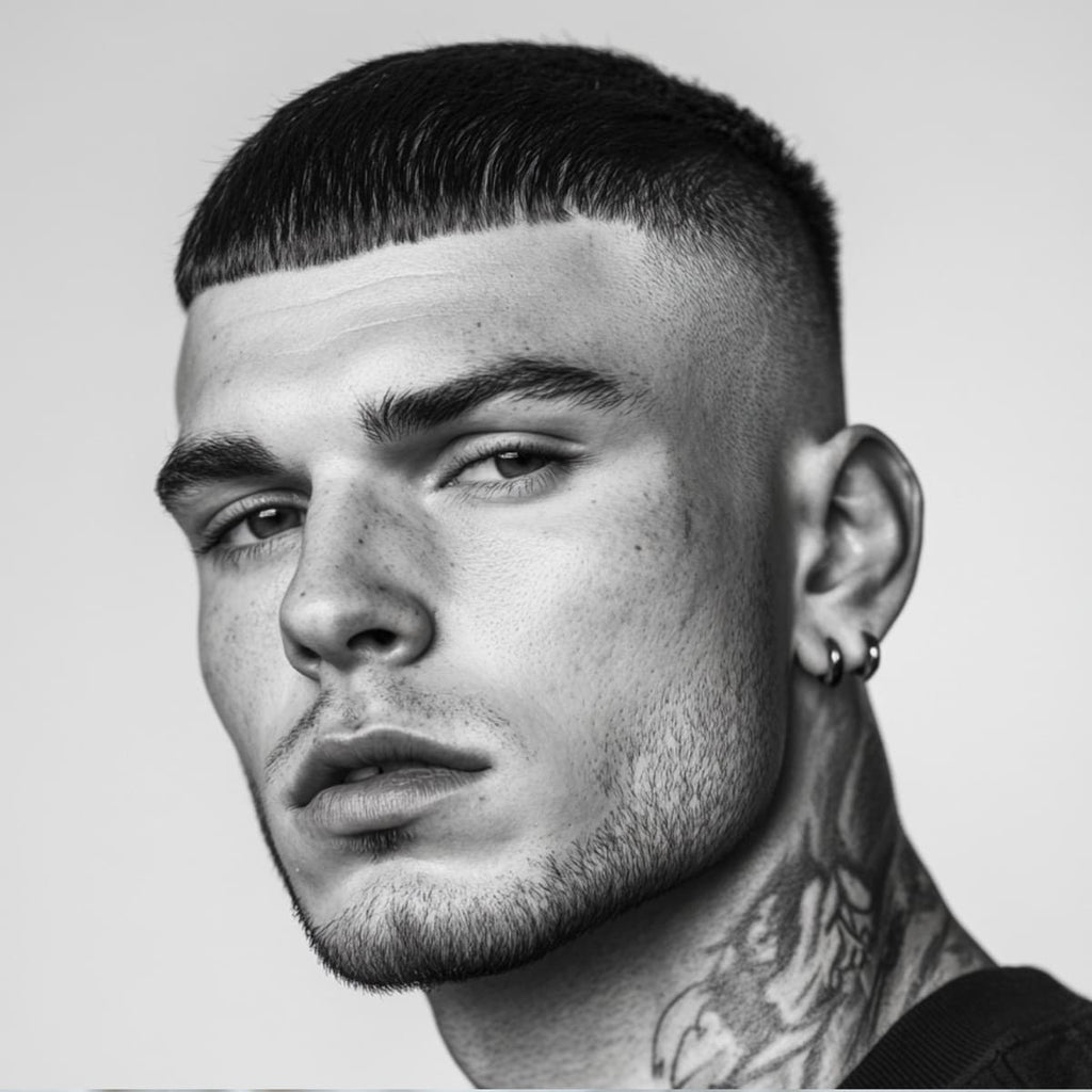 A close-up portrait of a handsome man with a skin fade buzz cut featuring a sharp crop fringe. The hairstyle is precise and modern, with clean lines that transition smoothly from the skin to the textured fringe. The man has a chiseled jawline, subtle stubble, and visible tattoos on his neck, adding an edgy and stylish vibe. The black-and-white tones emphasize the sharp details of the haircut and the man's striking features.