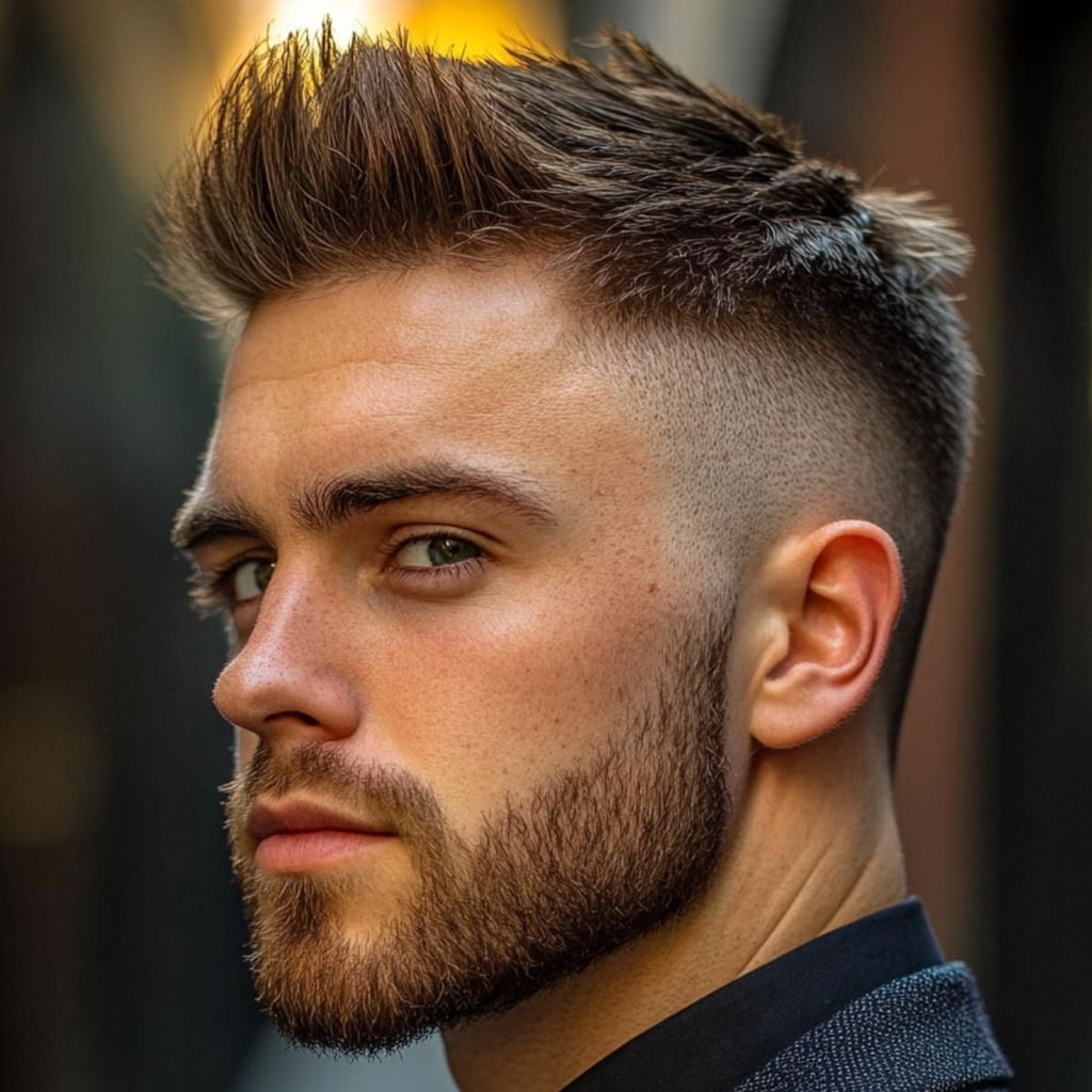 A close-up side profile of a young man with a bold skin fade faux hawk hairstyle. His hair is styled into a textured faux hawk, with the top spiked upwards for a dynamic, edgy look. The sides feature a clean skin fade, sharply contrasting with the longer top and highlighting the faux hawk's volume.