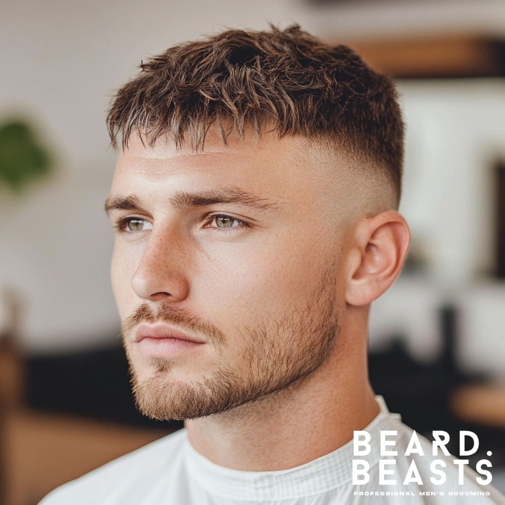 Close-up portrait of a 30-year-old man with a skin fade French crop haircut, showcasing a sharp, clean fade that transitions seamlessly into the short, textured top. The fringe is neatly trimmed and styled forward, adding a polished and modern touch to the look. The man has a well-groomed, light stubble beard that complements the hairstyle. The setting features a minimalist barbershop interior with soft, natural lighting and blurred background elements, creating a sophisticated atmosphere.