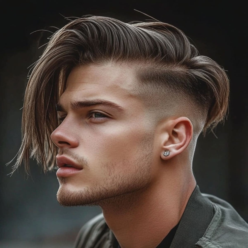 A side profile of a young man with long, flowing hair swept dramatically to one side, creating a bold contrast with the short, faded sides. The fade transitions smoothly into the skin, highlighting the sharp edges and clean cut. His light stubble and stud earring add a touch of edginess to the overall look. The hairstyle showcases a mix of elegance and modern style, with the long top creating a striking contrast against the closely cropped fade.