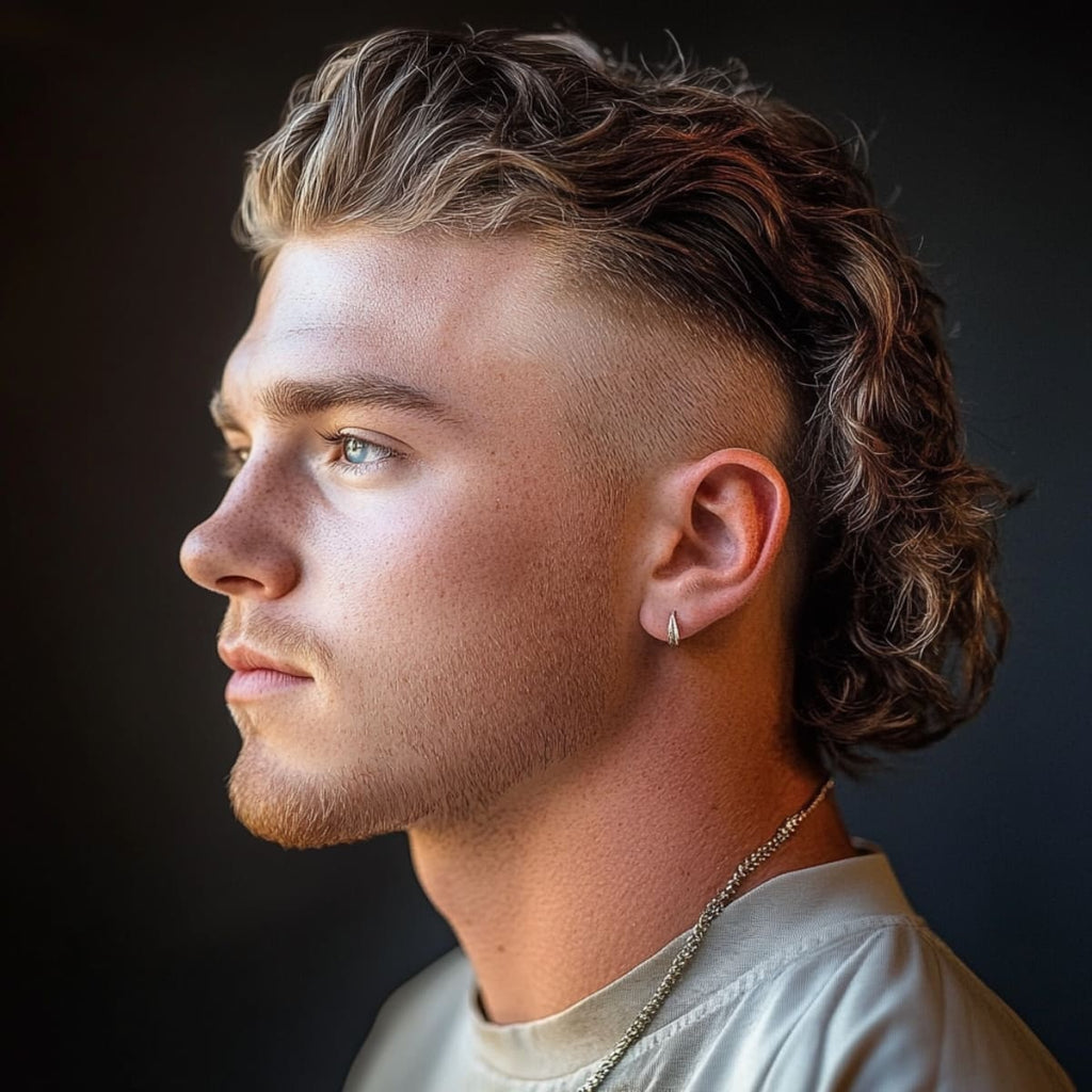 A side profile of a young man with a modern skin fade mullet hairstyle. The top is styled with loose waves, while the back features the longer, signature mullet look. The sides are cleanly shaved into a skin fade, creating a sharp contrast with the wavy texture of the mullet. He sports a minimal beard and wears a small hoop earring, adding to the edgy, bold vibe of the skin fade mullet. The dark background emphasizes the unique hairstyle, making it stand out.