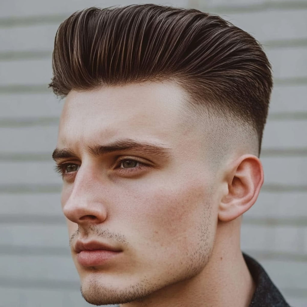 A close-up profile of a man with a striking skin fade pompadour hairstyle. The voluminous top is styled into a classic pompadour, with sleek, well-groomed hair swept upward and back, creating height and drama. The sides are faded down to the skin, offering a clean, sharp contrast that accentuates the boldness of the pompadour.