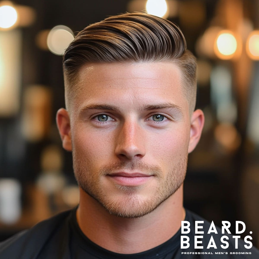 A sophisticated men's hairstyle featuring a sleek comb-over with a high fade. The top showcases neatly combed straight hair with a smooth and polished finish, styled diagonally to create a refined and defined look. The high fade on the sides is sharp and clean, providing a striking contrast to the sleek top. The model has a lightly groomed beard, complementing the haircut, and the background features a warm and modern barbershop setting.