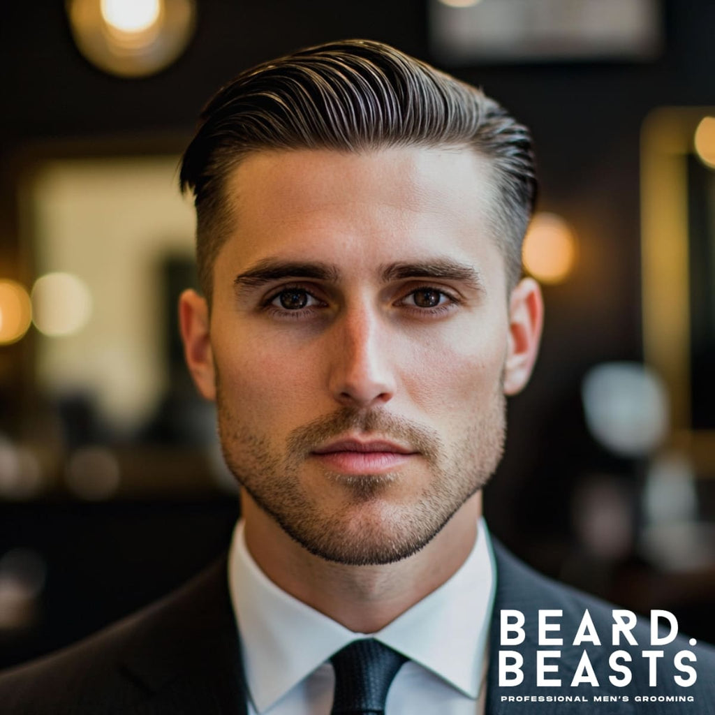 A well-groomed man with a polished hairstyle featuring smoothly combed-back hair on top with subtle texture for added depth and a sharp tapering neatly near the ears. The look is clean, stylish, and sophisticated. The background highlights a warm, well-lit barbershop ambiance with blurred mirrors and lights, drawing attention to the refined haircut.