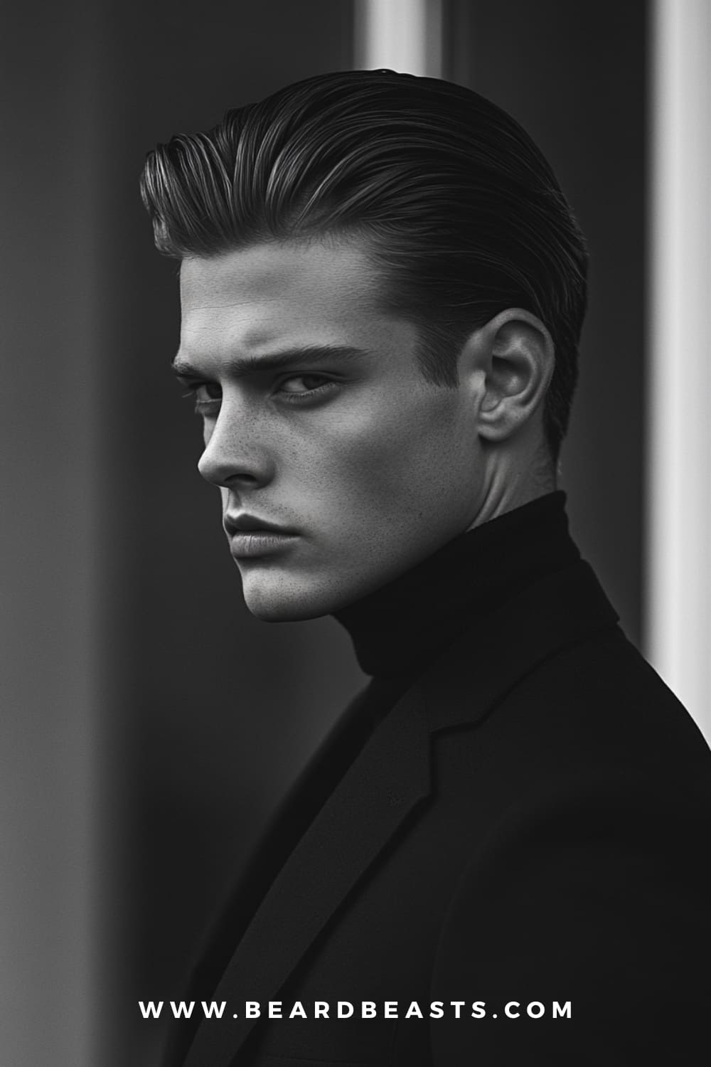 Man with a sleek slick back hairstyle, dressed in a dark turtleneck and formal attire. The slick back is a refined and classic choice among low maintenance haircuts for men, offering a polished look with minimal styling effort, ideal for a sophisticated appearance.