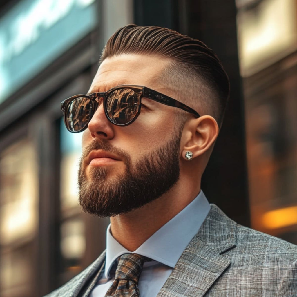 A stylish portrait of a man wearing a sharp suit, sunglasses, and a slick back skin fade hairstyle. His hair is combed back smoothly with precision, creating a sleek, polished look that contrasts with the clean skin fade on the sides. His full, well-groomed beard complements the sophistication of his hairstyle, while a diamond stud earring adds a touch of elegance.