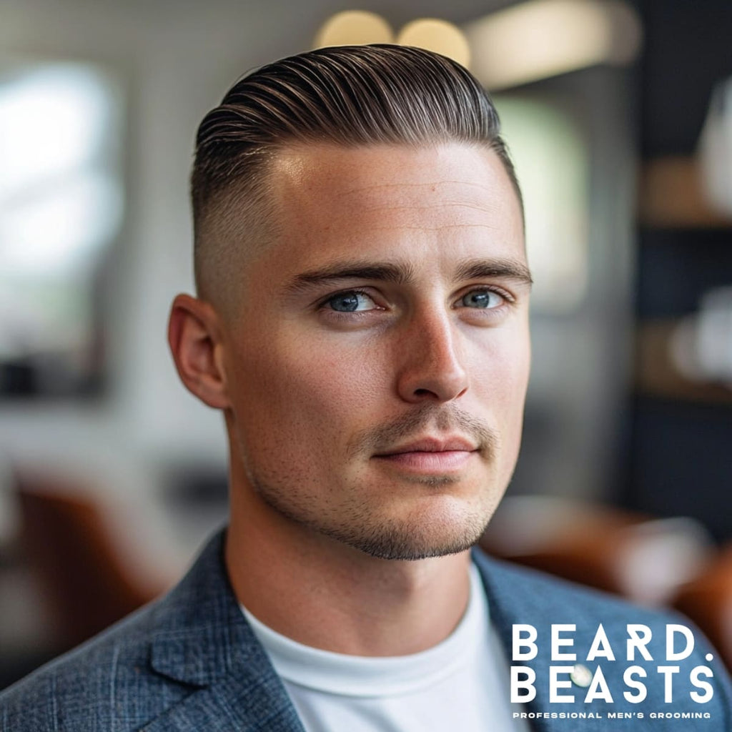 Handsome 30-year-old man with a slicked-back high fade undercut, featuring smoothly combed hair on top with a glossy finish and sharply tapered sides. The precise fade enhances the clean, polished look, perfect for a modern and professional style. Set in a bright, contemporary barbershop with minimalistic decor, the man wears a sharp blazer over a white T-shirt, exuding confidence and sophistication.