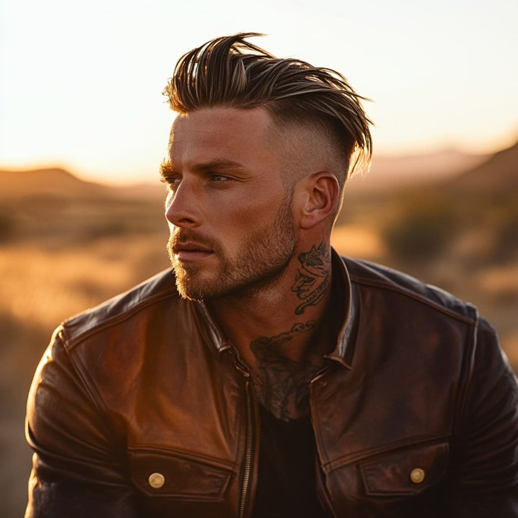 Man with a Slicked-Back Top and Undercut Fade haircut, featuring long, textured hair on top that’s styled back for a polished look. The sides are faded to a sharp undercut, adding a contemporary edge to this classic Western-inspired style. He wears a rugged leather jacket and sports a tattoo on his neck, set against a warm, sunlit desert landscape. This cowboy haircut combines modern sophistication with timeless Western appeal.