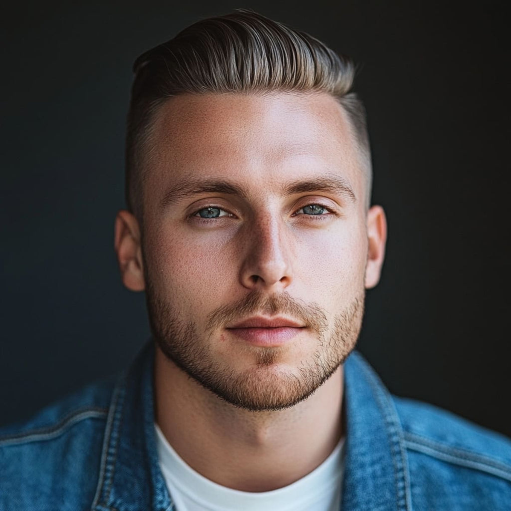 A man with a slicked-back undercut, a bold choice among Men’s Hairstyles for Receding Hairlines, gazes confidently into the camera, showcasing a modern, polished look. His hairstyle features a neatly slicked-back top that adds volume, contrasted by faded sides, effectively drawing attention away from the hairline. Wearing a denim jacket against a dark background, he embodies a sharp, stylish appearance that enhances his facial features and exudes confidence.