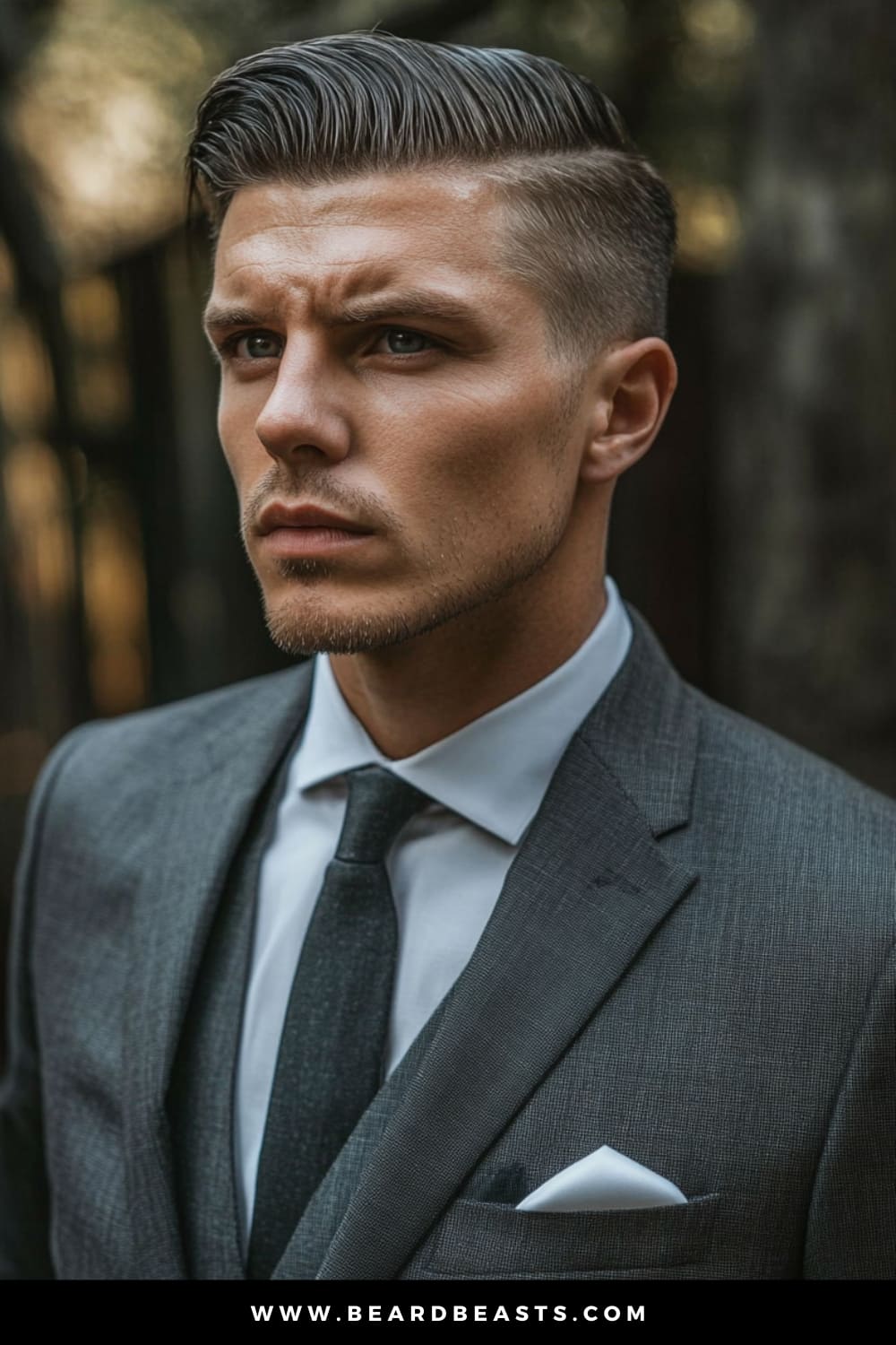 A groom with a sophisticated Slicked-Back Undercut hairstyle, showcasing one of the most stylish men's wedding hairstyles. His hair is neatly slicked back with precision, featuring a sharp undercut that adds a modern edge to the classic look. The groom's serious expression and clean-shaven face enhance the overall polished and confident appearance. Dressed in a tailored grey suit with a crisp white shirt and black tie, he exudes elegance and authority, making this hairstyle perfect for a formal wedding setting. The soft, natural lighting complements the groom's sharp features, adding to the refined and timeless vibe of this look.