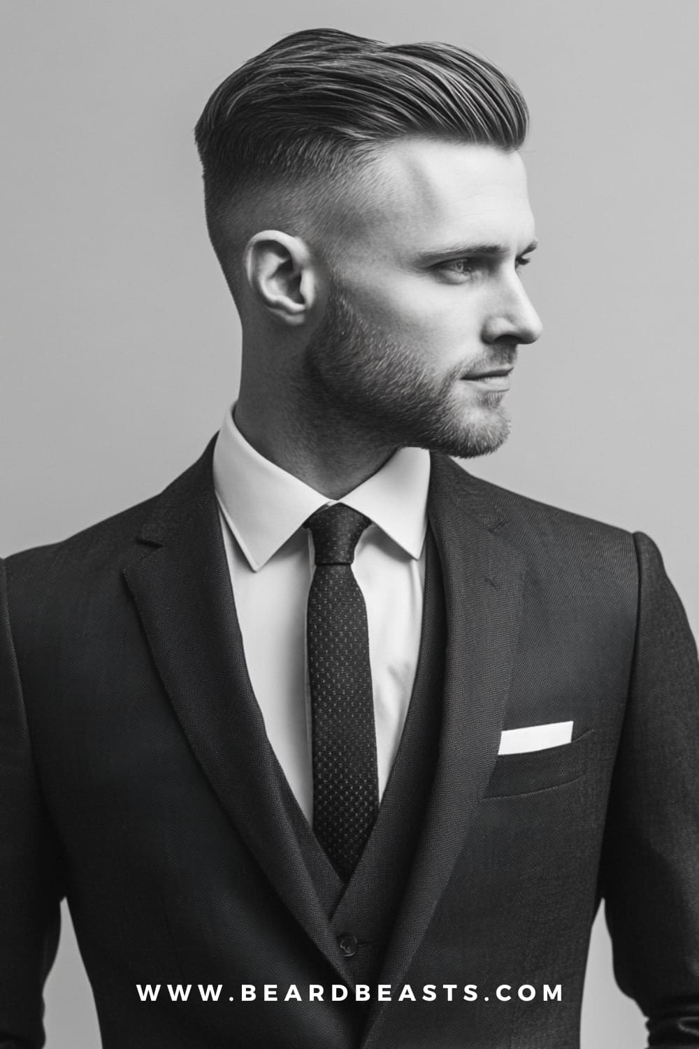 Slicked-Back Hair - A sharp and polished Medium-Length Professional Men’s Hairstyle featuring sleek, combed-back hair, ideal for a clean and sophisticated business look.