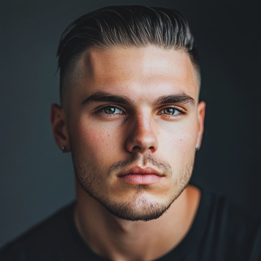 A close-up portrait of a handsome 30-year-old man with an undercut hairstyle with a slicked-back top, ideal for diamond face shape hairstyles for men. His hair is neatly slicked back with a slight sheen, showcasing a polished, high-contrast look. The closely trimmed sides accentuate his diamond-shaped face, highlighting his strong cheekbones, narrow forehead, and defined jawline. Set against a dark, softly blurred background, the image emphasizes his stylish haircut and sharp facial features, creating a confident, modern appearance.