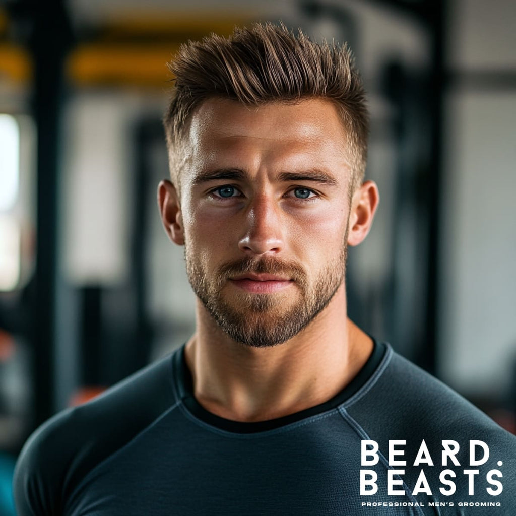 Close-up of a man with a spiky haircut, one of the most modern and dynamic athletic hairstyles for men. Featuring short, tapered sides and a textured, spiked top, this style combines edgy flair with practicality. Ideal for active lifestyles, this hairstyle stays in place during workouts while providing a fresh, stylish look for casual or professional settings. The spiky hair showcases versatility and confidence, making it a popular choice for sporty and trendy men.