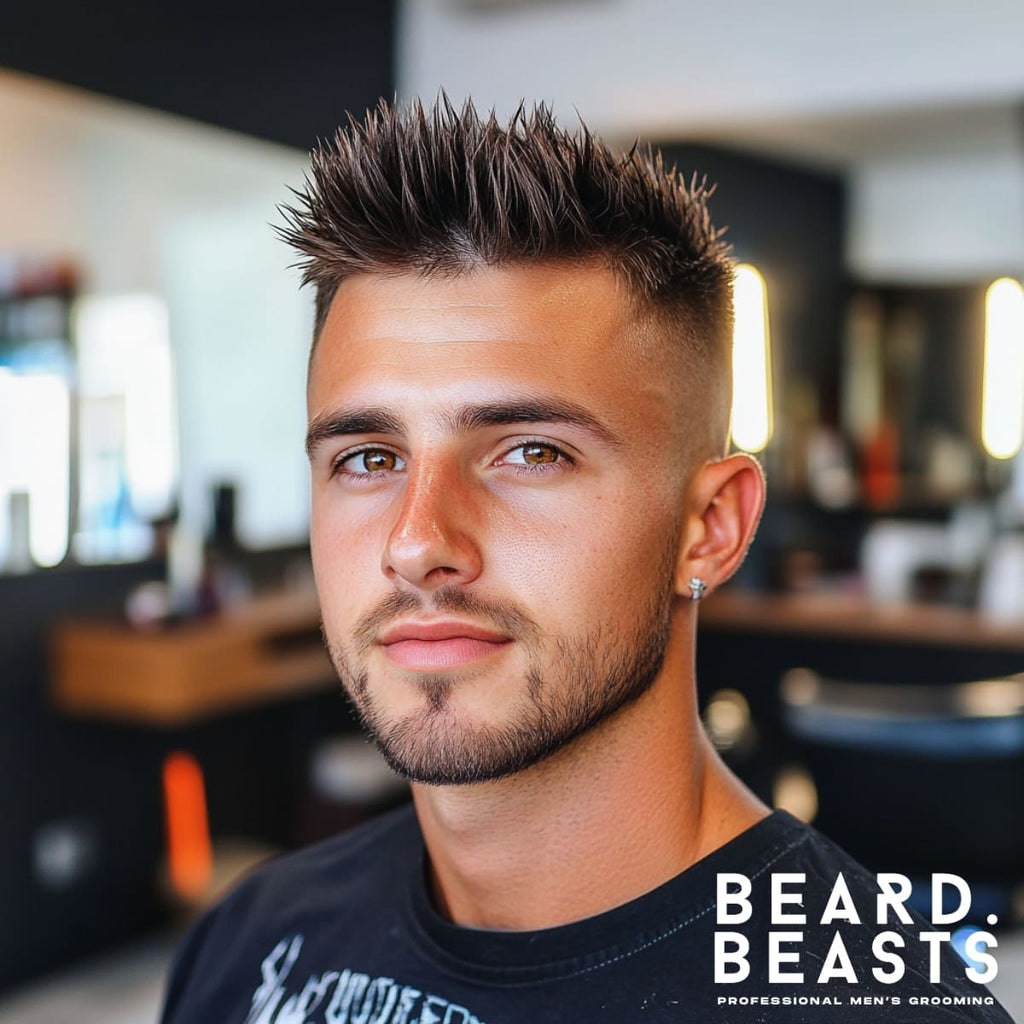 Young man with short, spiky hair styled upwards, creating a bold and dynamic look. The sides feature a clean taper that transitions sharply into the textured spikes on top, emphasizing the modern and edgy hairstyle. Set in a sleek, brightly lit barbershop, the man wears a casual black graphic T-shirt and a confident smile, perfectly complementing his stylish haircut.