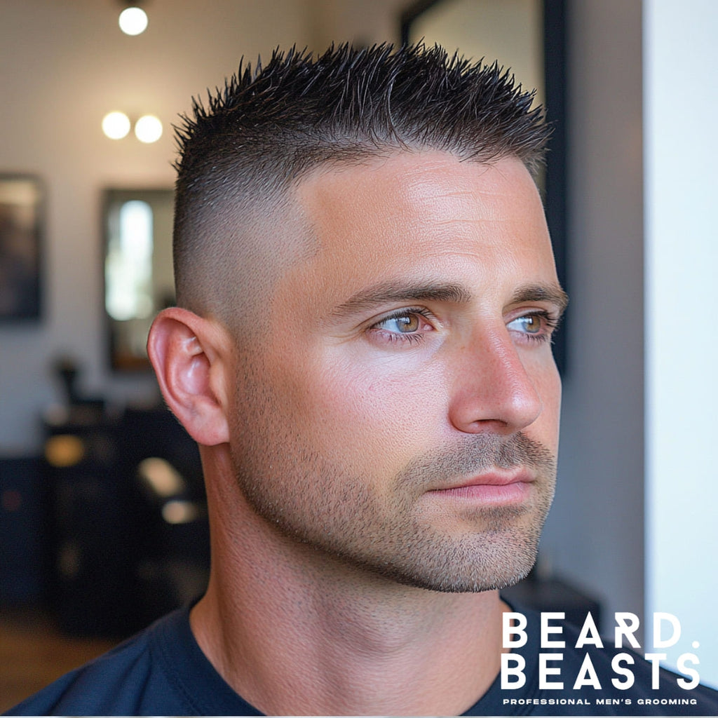 A side profile of a handsome 30-year-old man with a sharply styled haircut featuring short, defined spikes on top for a bold, textured look. The sides are neatly tapered and transition smoothly into a close-cut base. The man’s cleanly trimmed stubble complements the precision of the hairstyle. The background features a bright and modern barbershop with softly lit walls, mirrors, and a warm, inviting atmosphere.