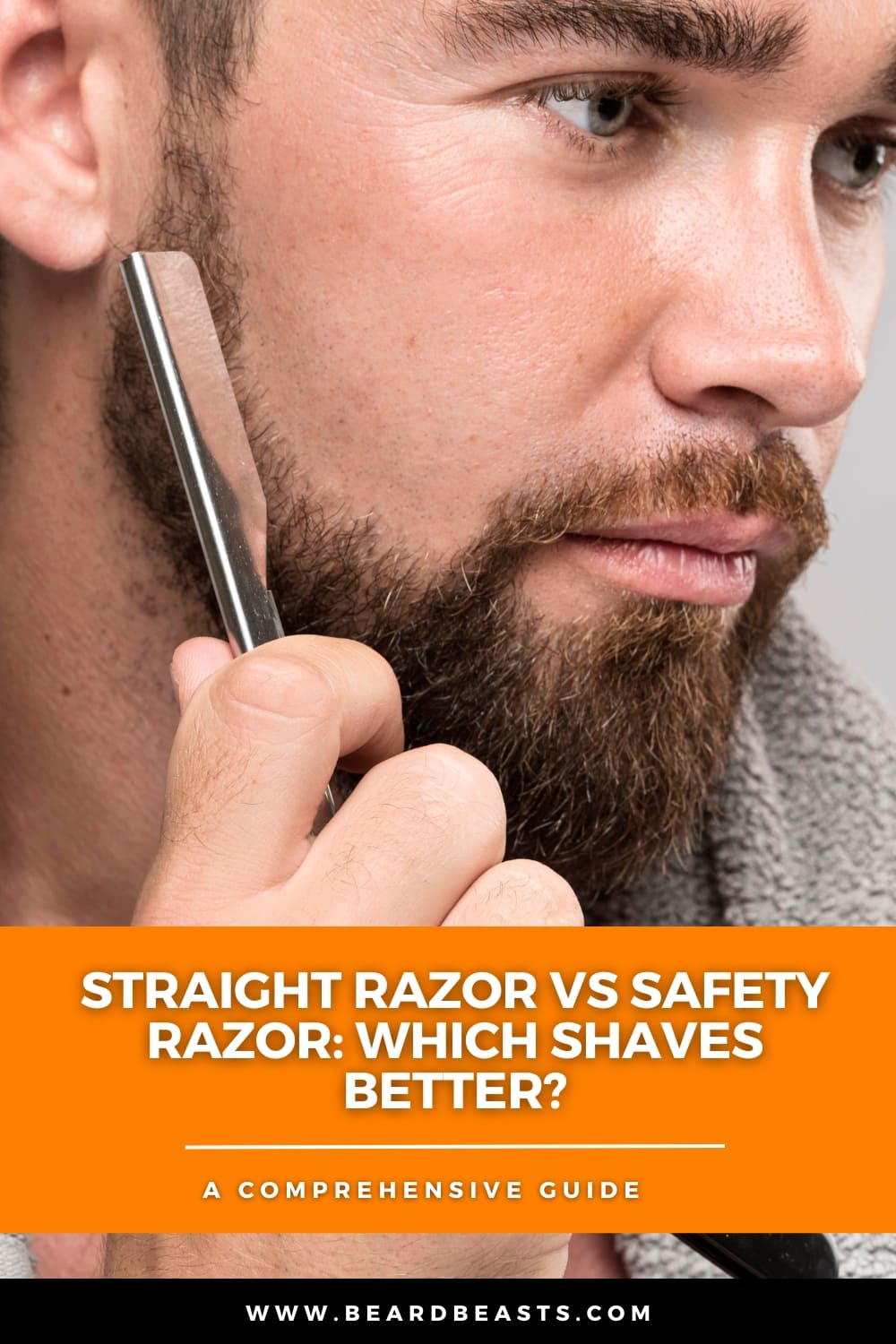 Pinterest pin showing a man using a straight razor to shave his beard with the text 'Straight Razor vs Safety Razor: Which Shaves Better?' highlighting a comprehensive guide on the comparison between straight razors and safety razors.