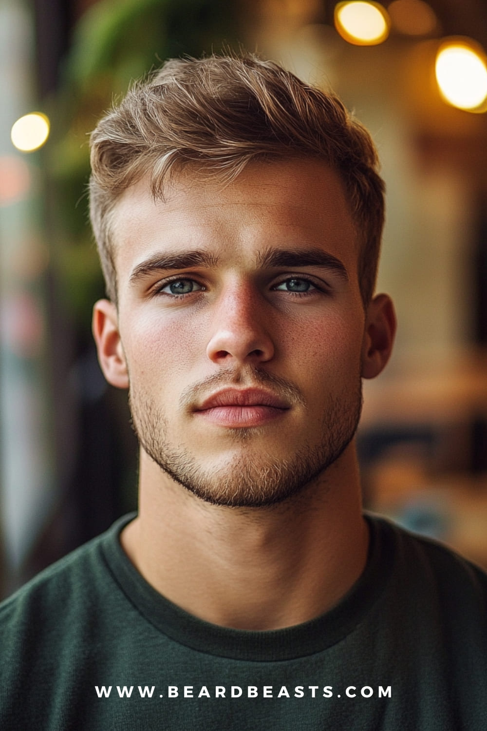 Close-up portrait of a young man with a square face, sporting a well-groomed stubble beard that highlights his strong jawline and defined facial features. The image, set in a warmly lit environment, showcases one of the best beard styles for square faces, combining clean lines with a natural, rugged look.