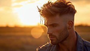 Man with a stylish cowboy haircut, featuring a textured faux hawk on top and faded sides, set against a stunning sunset backdrop.