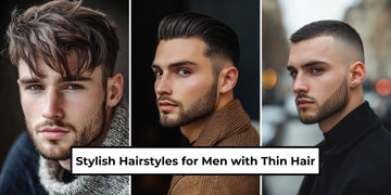 A collage of three stylish hairstyles for men with thin hair, showcasing diverse looks. 