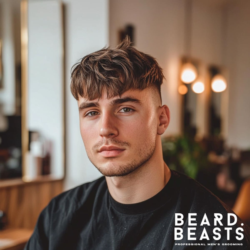 A portrait of a young man with a high fade French crop haircut, featuring a textured top and soft, tousled fringe styled forward. The sharp fade on the sides creates a striking contrast with the longer top, giving the hairstyle a trendy and modern appeal. The man has a clean-shaven jawline and relaxed expression, adding to the effortless yet stylish vibe. He is seated in a contemporary barbershop with warm lighting, wooden accents, and softly blurred mirrors in the background, emphasizing the professional grooming setting.