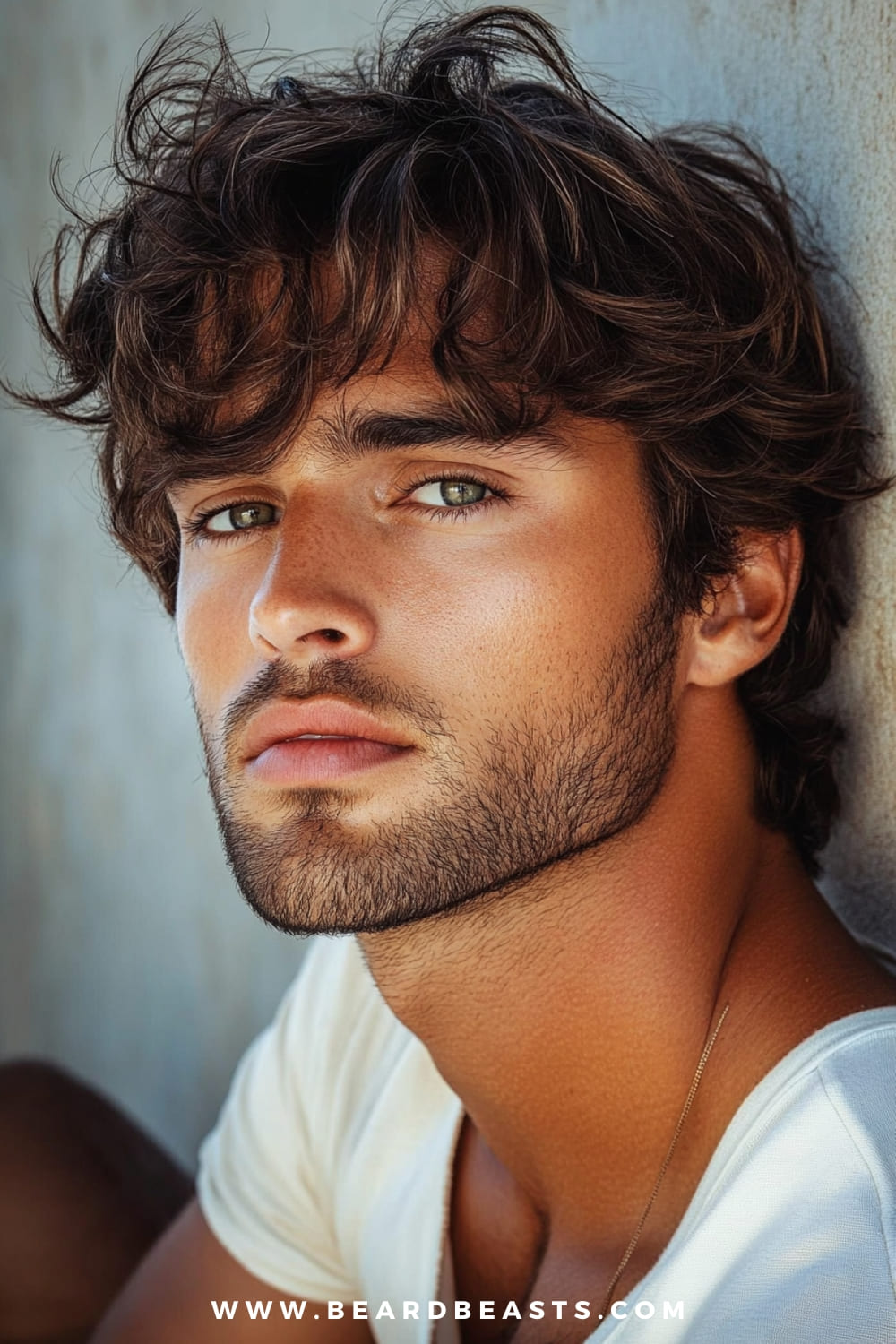 The image features a close-up of a young man with a surfer-inspired shaggy hairstyle. His hair is medium-length, with loose, tousled waves that give it a carefree, windswept look, perfectly embodying the laid-back surfer vibe. The texture is natural and voluminous, with the hair falling casually around his face and forehead. His facial hair is a well-maintained stubble, adding a rugged, sun-kissed charm to his overall appearance. The lighting is warm and soft, highlighting his bronzed skin and the rich texture of his hair. He is wearing a casual, light-colored shirt, further enhancing the relaxed, beachy feel of the image. The background is neutral, likely an outdoor setting, focusing attention on his serene expression and effortlessly cool hairstyle. The overall look is fresh, youthful, and exudes a relaxed, coastal style.