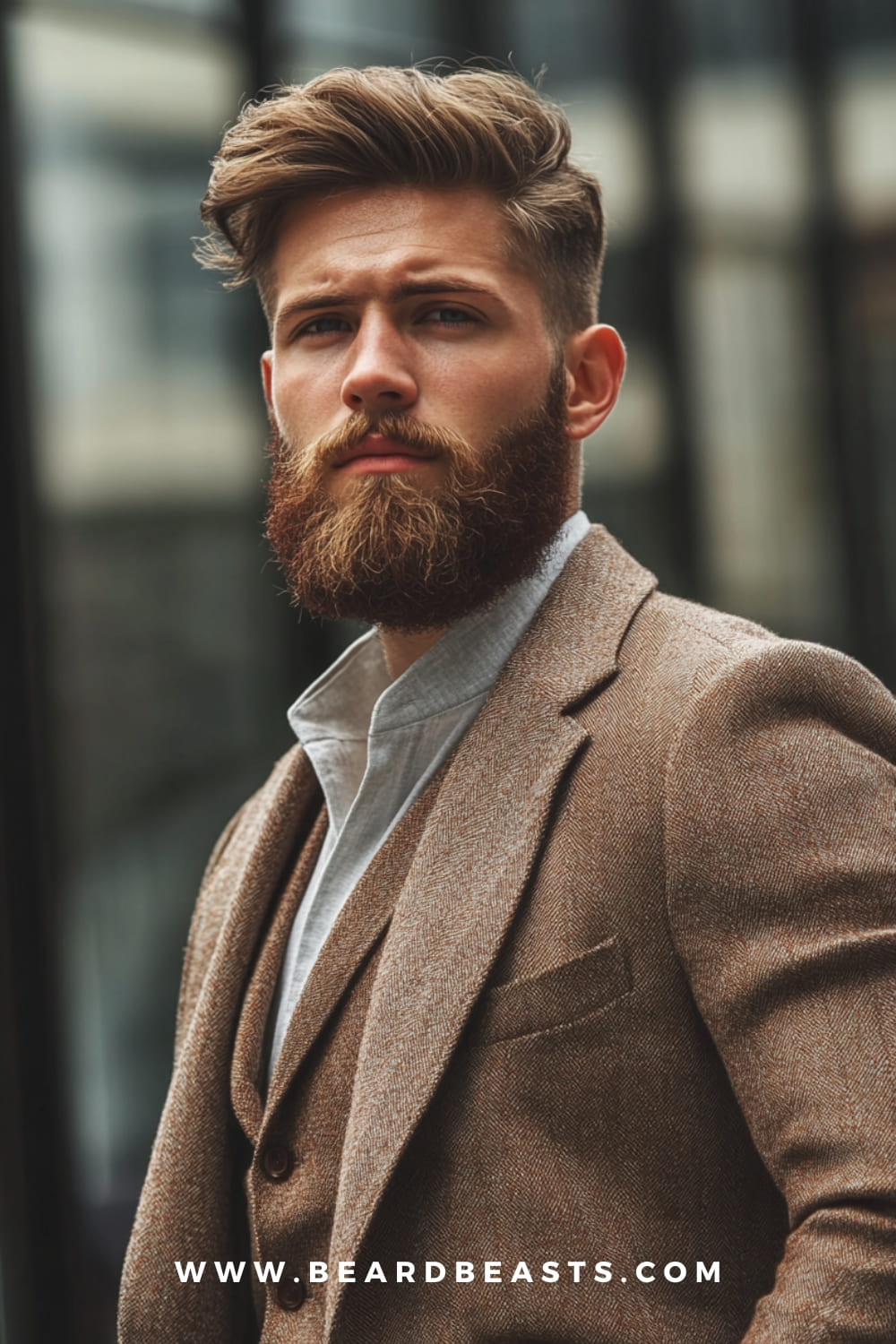 Taper Fade with Beard Hairstyle - A stylish gentleman's haircut featuring a voluminous textured top with a sharp taper fade, complemented by a full, well-groomed beard. Perfect for a modern and rugged look.