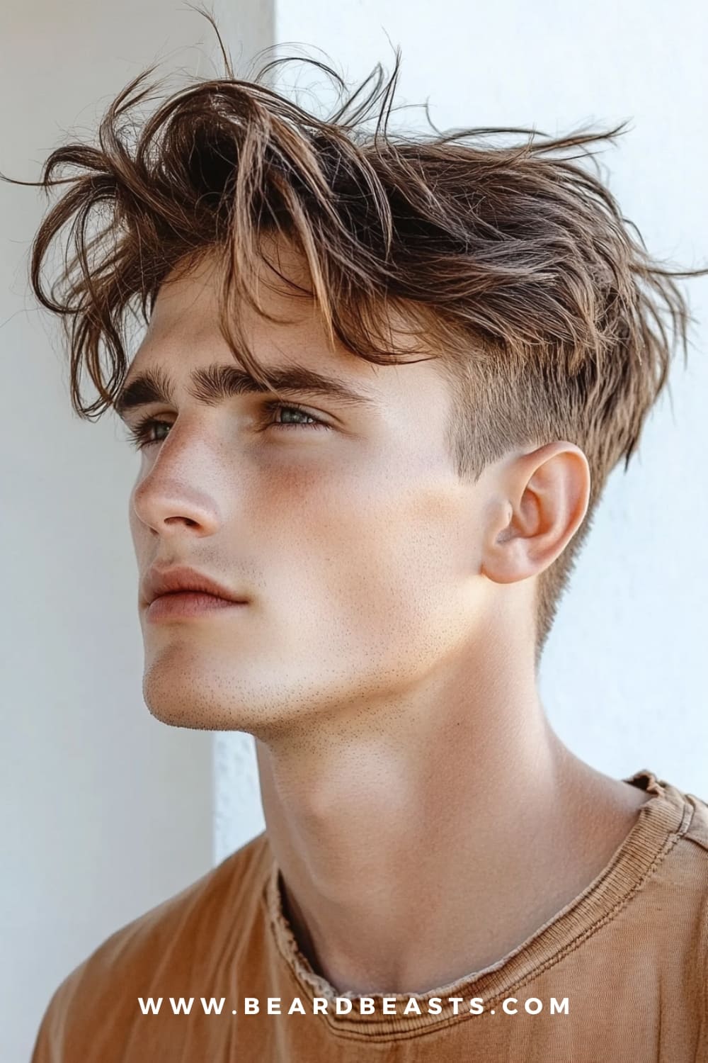 A young man with a stylish tapered flow, featuring tousled, medium-length brown hair that is textured and slightly messy on top, giving it a laid-back, effortlessly cool appearance. The sides are neatly tapered, blending seamlessly with the longer hair on top, creating a modern and edgy look. His skin is fair, and he has a clean-shaven face with sharp, defined facial features. The man is wearing a casual, light brown t-shirt, standing against a light background that accentuates his sharp hairstyle.