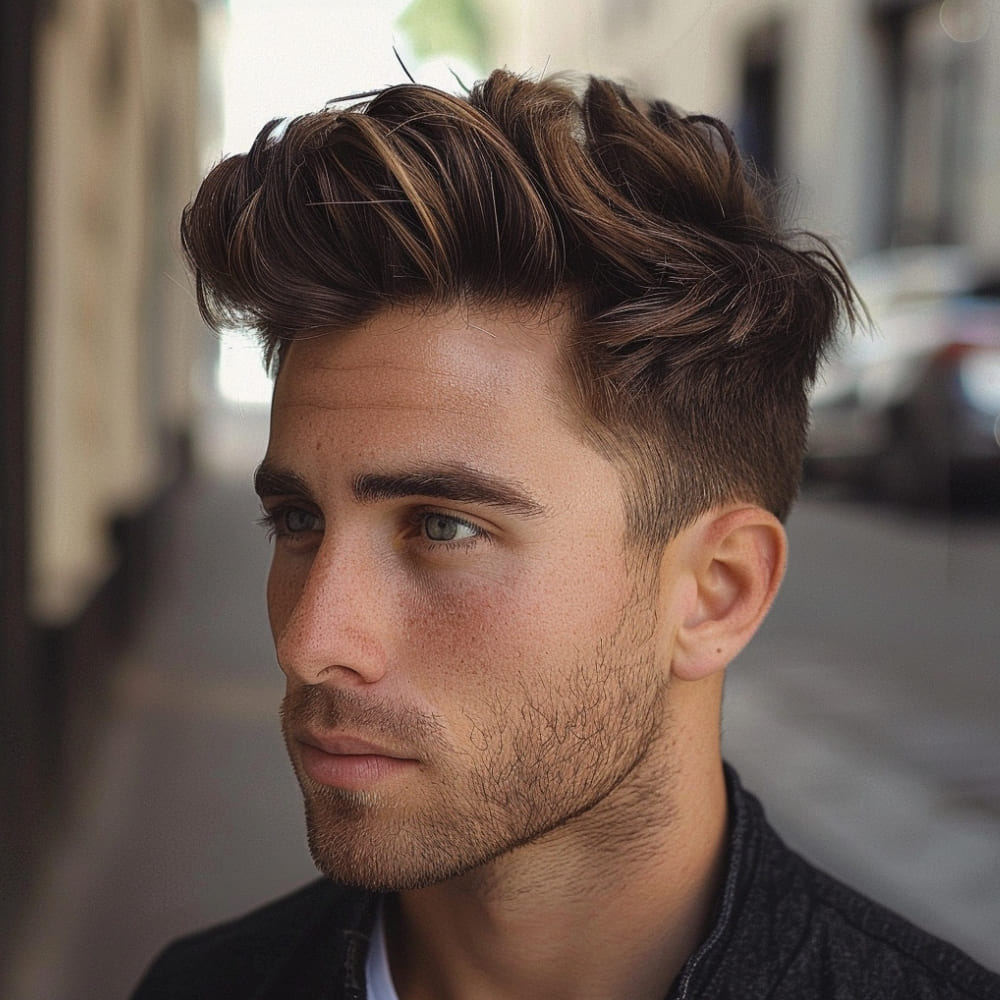 A young man is depicted with a sharp tapered fade with wavy top hairstyle, showcasing one of the most popular wavy hairstyles for men. His hair is styled with a neat taper fade on the sides, which transitions smoothly into the longer, voluminous waves on top. The waves are styled upward and slightly tousled, adding texture and a modern flair to the overall look.