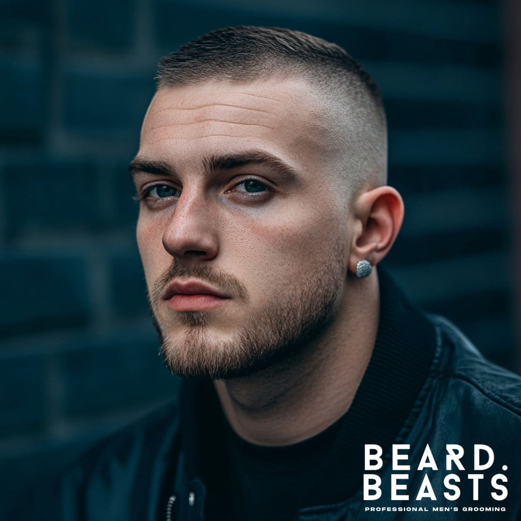 A stylish young man sporting a Textured Buzz Cut with a Bald Fade, featuring a clean and sharp fade that transitions seamlessly into the textured top. His neatly trimmed beard enhances the overall look, adding a touch of rugged sophistication. Dressed in a black jacket, he exudes confidence against an urban brick wall backdrop. The "Beard Beasts" logo emphasizes the focus on professional men's grooming and modern hairstyles.