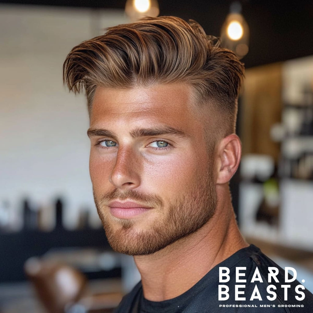 A stylish men's hairstyle featuring a textured comb-over with a high fade. The top has medium-length hair styled diagonally with visible layers and a natural, tousled texture, creating a modern and polished look. The sides showcase a sharp high fade, blending seamlessly into the textured top. The model has a neatly groomed beard, complementing the haircut, and the background is a well-lit barbershop setting, highlighting the hairstyle’s dynamic appeal.