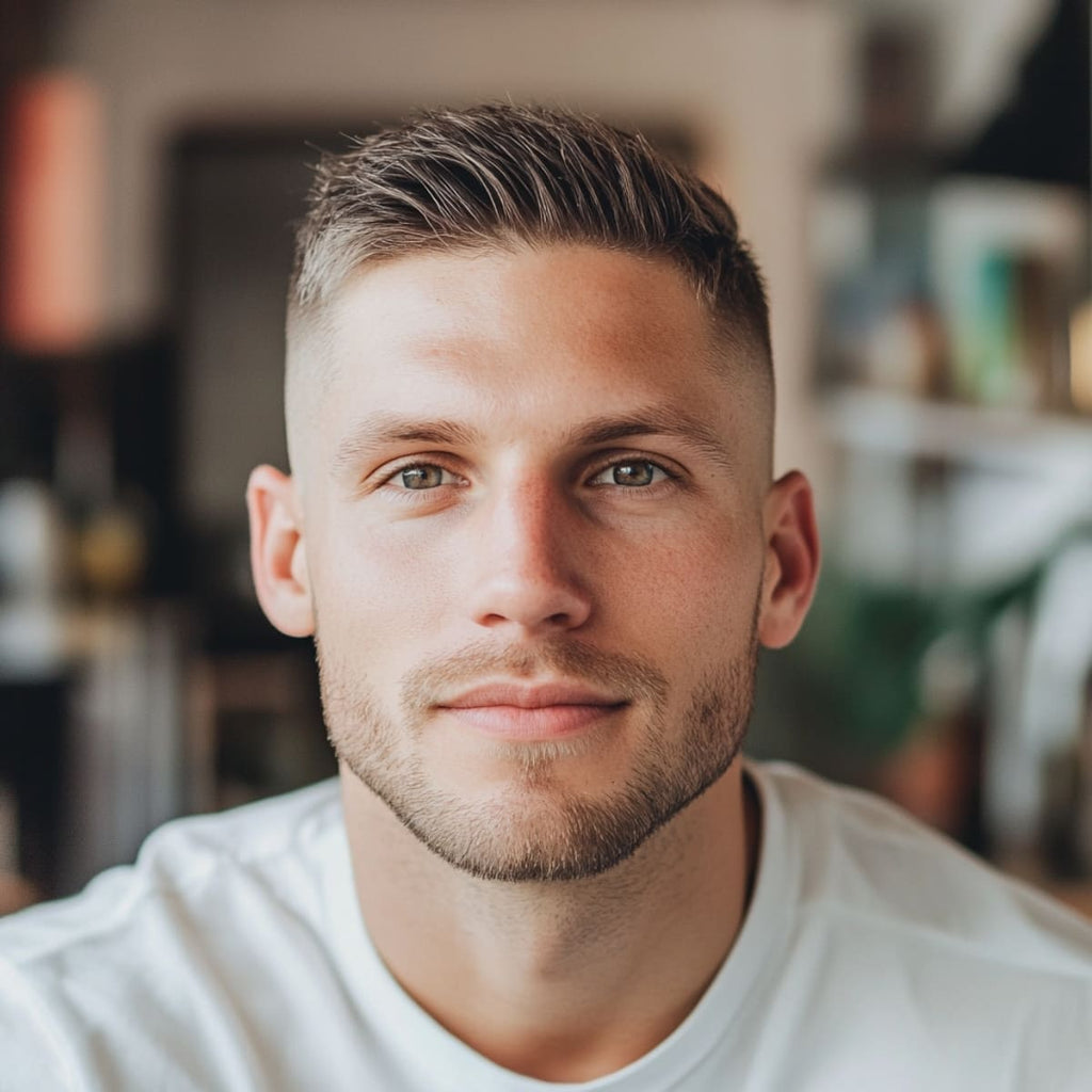 A close-up portrait of a man with a textured crew cut, an excellent haircut choice for guys with small heads. This hairstyle features short, textured hair on top, adding subtle volume and movement, while the sides are tapered into a fade for a clean, polished look. The cut balances facial features and enhances the head shape, offering a modern yet low-maintenance style ideal for men looking to complement a smaller head shape with a natural, refined appearance.