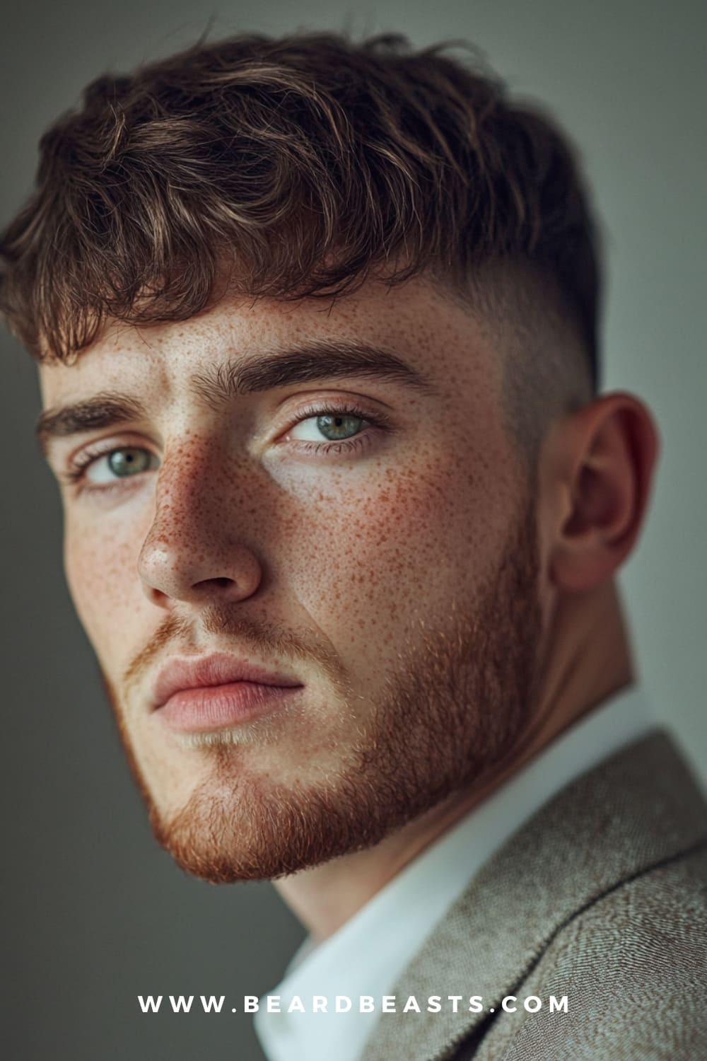 Textured crop hairstyle for men with square faces, featuring a messy, layered top that adds contrast to sharp facial features, creating a modern and effortlessly stylish look.