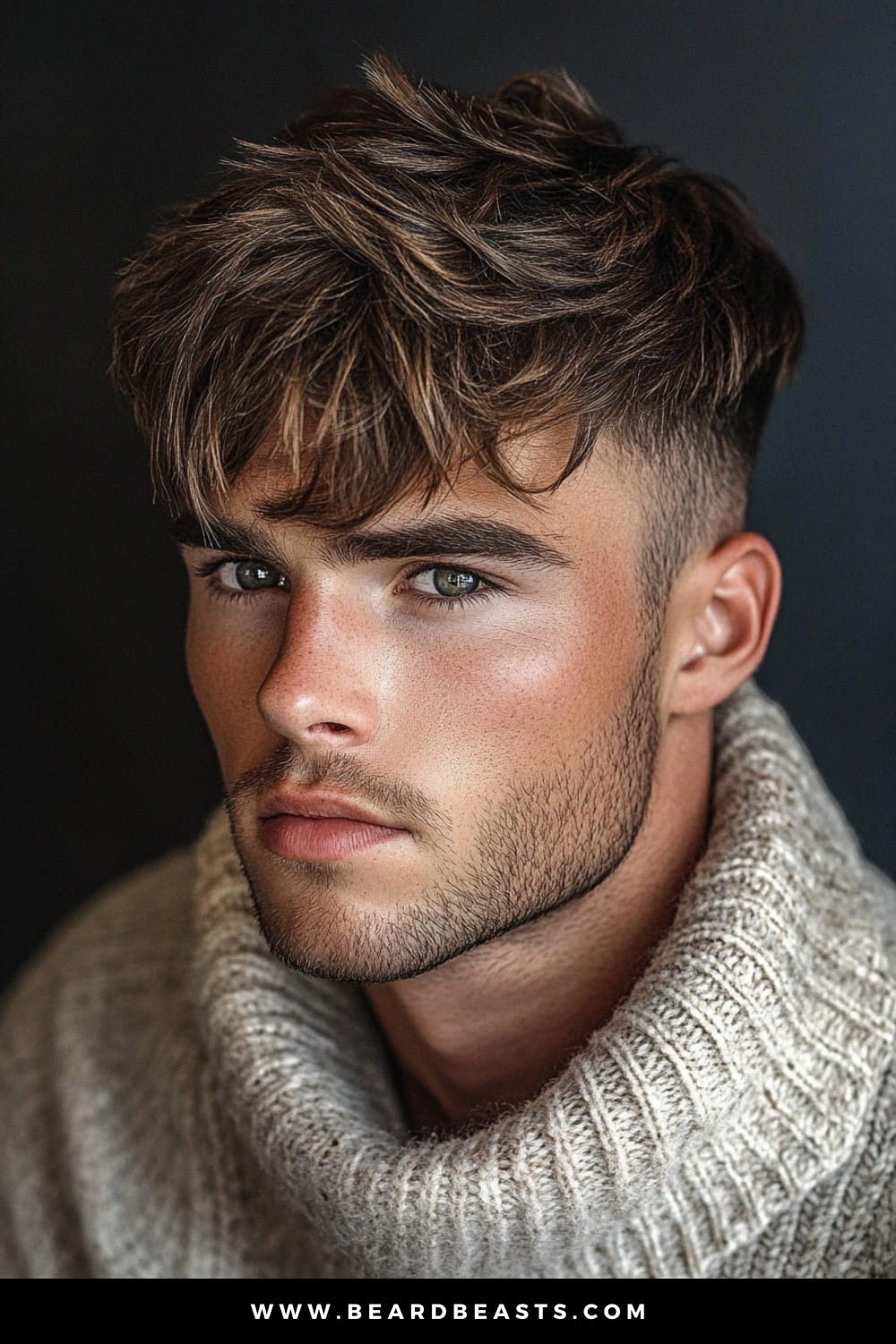 A young man with a stylish textured crop haircut, one of the popular layered haircuts for men, featuring tousled, layered strands that add volume and texture to the top of his hair. The sides are neatly tapered, creating a sharp contrast with the fuller, textured top. His medium brown hair has subtle highlights, giving it a dynamic, multi-tonal effect. He has well-defined features, light stubble, and is dressed in a thick-knit, light gray turtleneck sweater, perfectly complementing his polished yet effortlessly cool look. The soft lighting emphasizes the details of his haircut and skin tone.